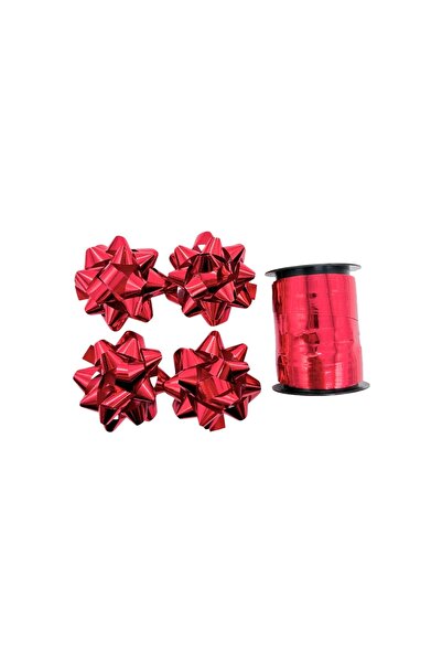 AFO Set of 4 Ribbons 5.5cm with Adhesive and 10m Roll Metallic Red