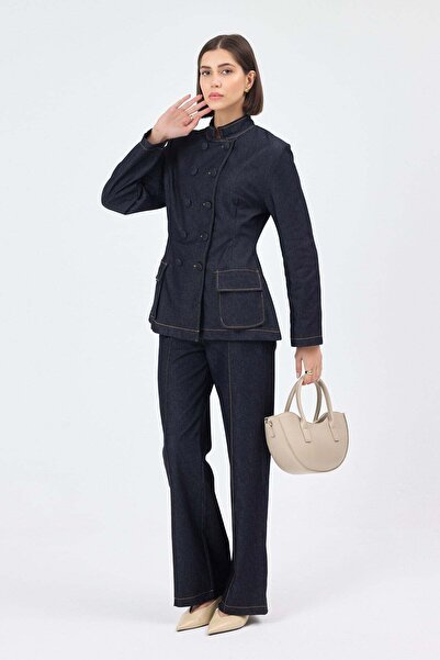 Women's Waist Seated Buttoned Jacket Pants Navy Blue Jeans Set