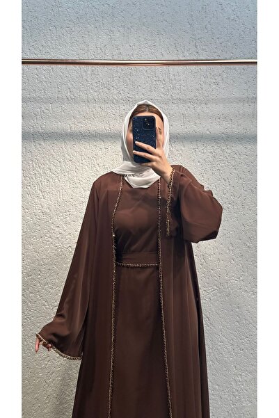 Abaya-AB Lüks Tesettür Abaya Takım - El İşlemesi Boncuklu Dubaı Krep 2'li Set