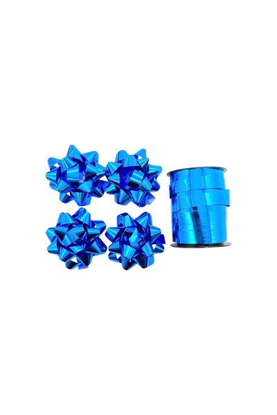 AFO Set of 4 Ribbons 5.5cm with Adhesive and 10m Roll Metallic Blue