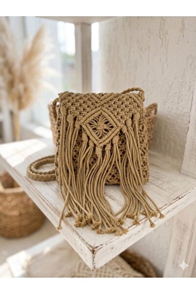 Axesoire NWC-1065 Ψάθινη τσάντα πλεκτή στο χέρι με κρόσσια από καμήλα 24x21 εκ.