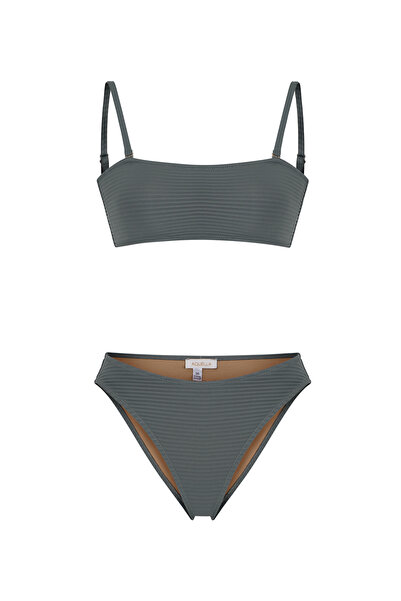 AQUELLA Pleated Gray Bustier Bikini Set