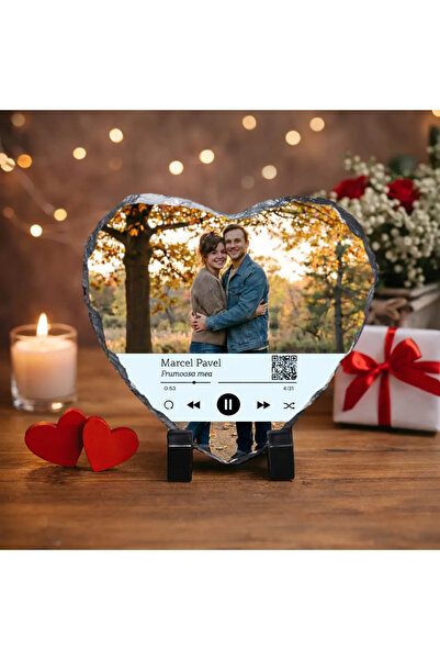 peGiftuiala Placă ardezie inimă personalizată cu poză și cod QR muzical