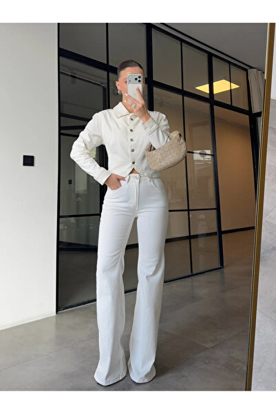 My Blog Ecru Oval Cut Crop Jacket Trousers Denim Set - 0904