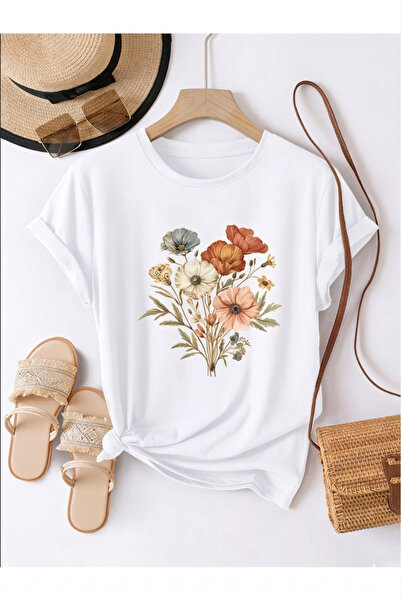 Trend Sizde Unisex White Pastel Floral Printed Crew Neck T-Shirt