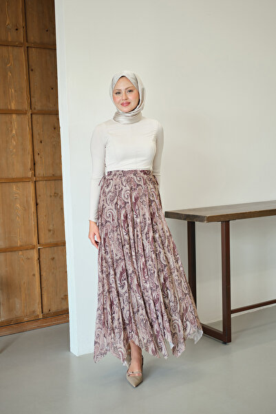 LOCCO Women's Asymmetrical Cut Ethnic Patterned Chiffon Skirt Brown