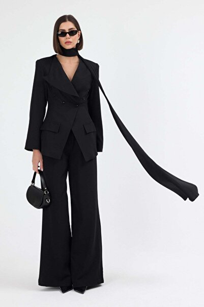 Women's Modern Shawl Detailed Pants Jacket Black Suit