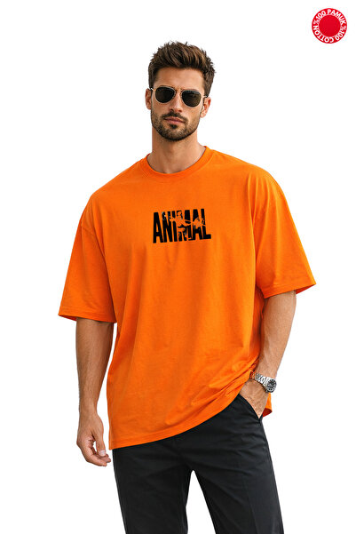 DUBU BUTİK تي شيرت برتقالي كبير الحجم للجنسين 100% قطن مطبوع عليه حيوانات ملا...