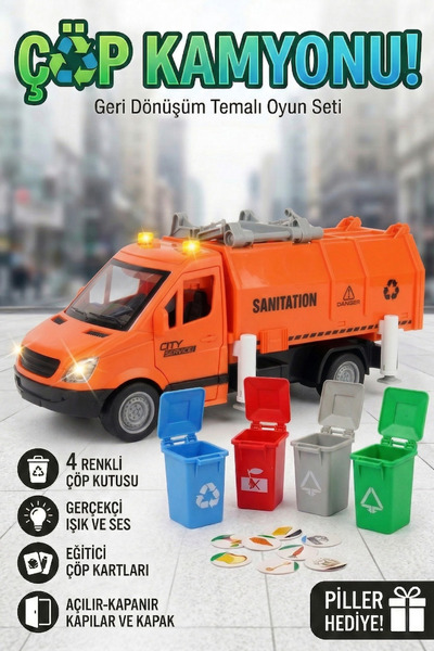craftivio Çöp Kamyonu Oyuncak Seti - Sesli Işıklı Geri Dönüşüm Arabası - 4 Re...