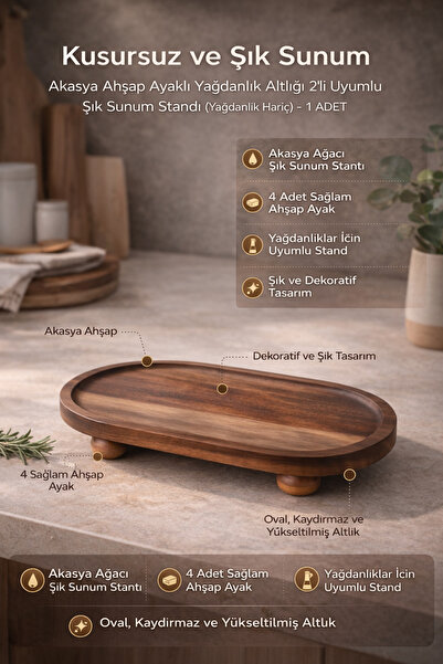 DİVAYS Akasya Ahşap Ayaklı Yağdanlık Altlığı 2’li Uyumlu Şık Sunum Standı (Ya...