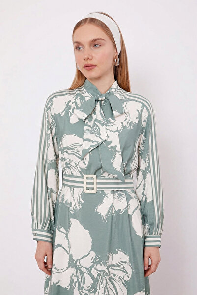 Lale Butik Floral Pattern Dress with Tie Collar Detail 330274 Green