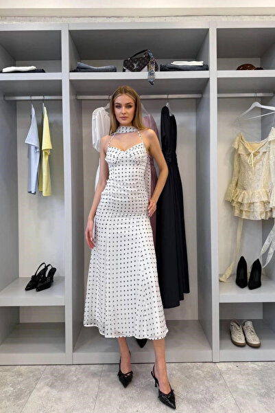 Eka Women's White Shawl Detailed Polka Dot Dress 1041-2777