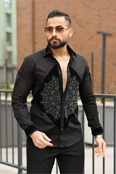 BAYIM Slim Fit Siyah Gömlek - Taş İşlemeli ve Kadife Detaylı Nakışlı
