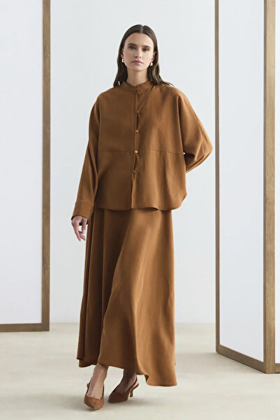 Lale Butik Kadriye Baştürk Hakim Collared Shirt Skirt Set 418 Brown