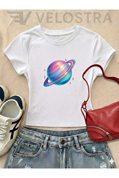 Velostra Women's Colorful Planet Printed Basic Daily Use Crop T-Shirt