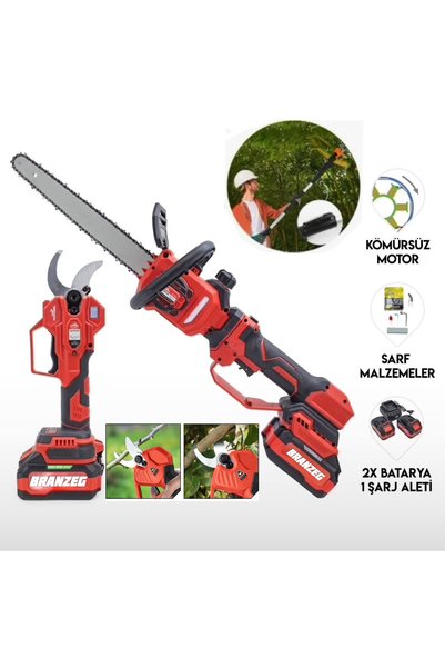 BRANZEG İkili Şarjlı Budama Seti 40mm Budama Bağ Makası Uzatmalı Budama Testeresi