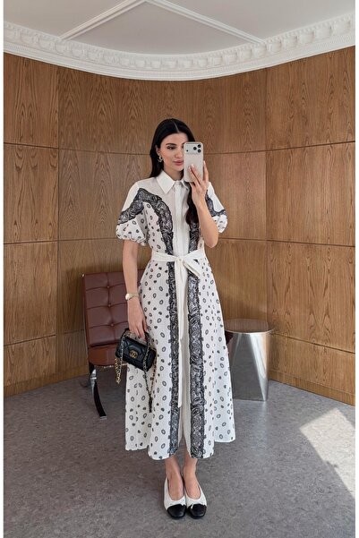 BRTC design Women's Ecru Princesskol Flared Shawl Patterned Midi Dress