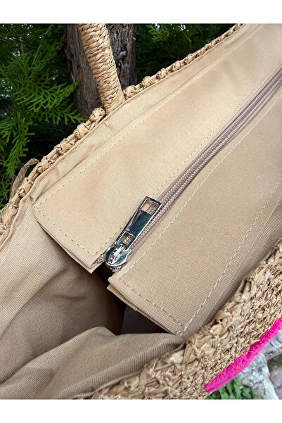 Axesoire NWC-1073 Ψάθινη τσάντα παραλίας Camel με γράμματα 47x44 εκ.