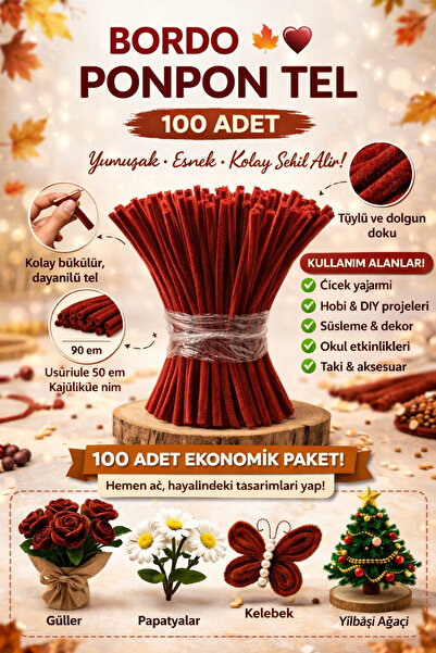 kalawear Pw Bordo Ponpon Tel (Şönil Tel) – 100 Adet