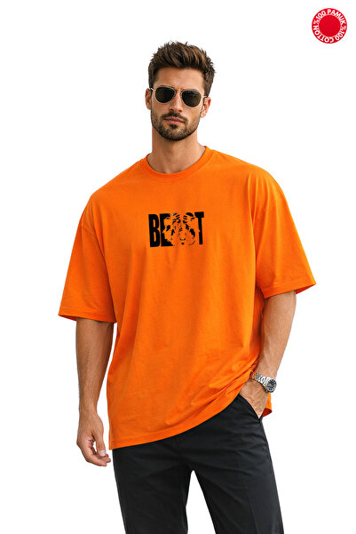 DUBU BUTİK تي شيرت برتقالي كبير الحجم للجنسين 100% قطن مطبوع عليه نص Beast مل...