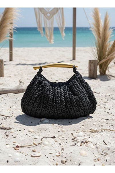 Axesoire NWC-1058 Μαύρη ψάθινη τσάντα με κουμπώματα 33x20 εκ.
