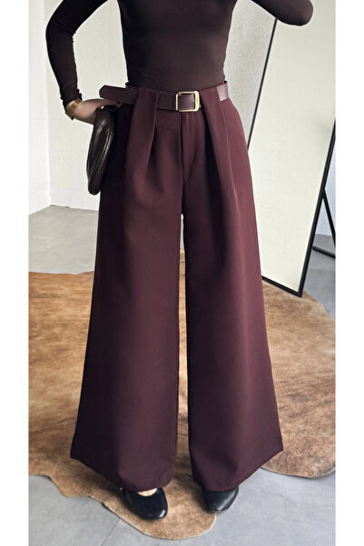 asfamoda Women's Burgundy Hidden Belt Extra Loose Wide Leg Pants High Waist