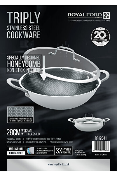 ROYALFORD 28cm Non stick Honeycomb Wokpan with Glass Lid RF12641 Triply Stain...