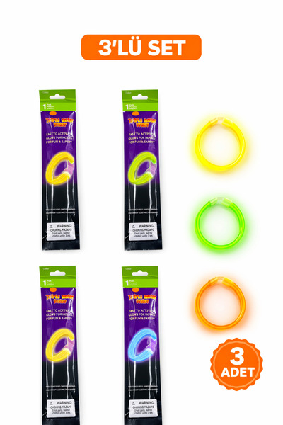 PARTİPORT Glow Stick Bileklik 3’lü Set Sarı Yeşil Turuncu Işıklı Parti Bilekl...