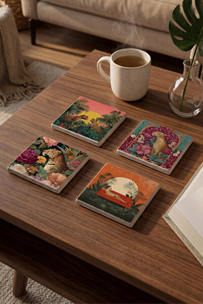 Baumatelier Colorful Cheetah Themed Fun Natural Stone Travertine Coasters Set...