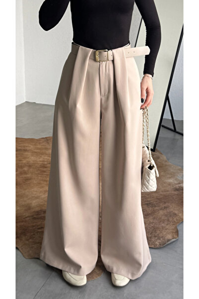 asfamoda Women's Cream Hidden Belt Extra Loose Wide Leg Pants High Waist