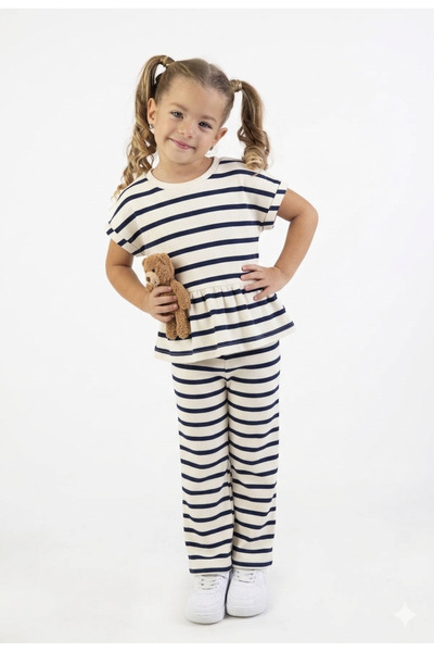 RAMİOR COLLECTION Κοριτσίστικο Ριγέ Σετ με Λεπτομέρεια Πεπλάμ, Κοντομάνικο Μπ...