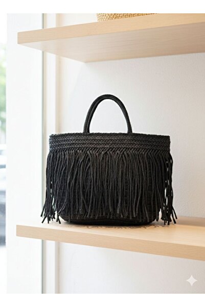 Axesoire NWC-1066 Μαύρη Ψάθινη Τσάντα με Κρόσσια 41x29 εκ.