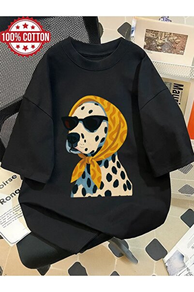 AEMİ Tricou unisex cu imprimeu cu câini cu pete, supradimensionat, cu gât rotund