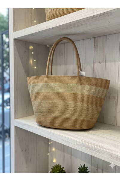 Axesoire NWC-1068 Ψάθινη τσάντα σε χρώμα καμηλό με ρίγες 54x30 εκ.