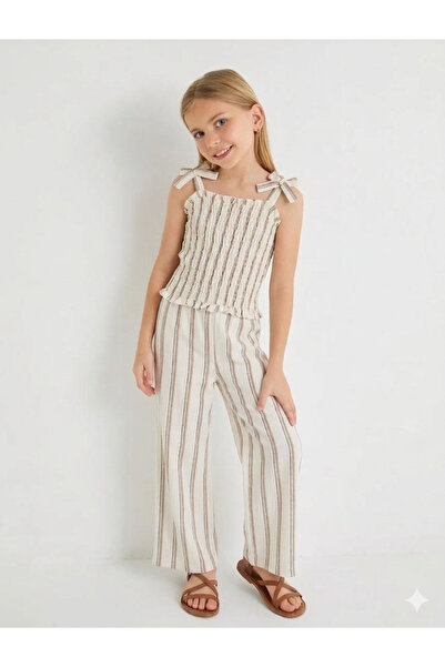 RAMİOR COLLECTION Girl's Cream Brown Striped Drawstring Strap Linen Look Pant...