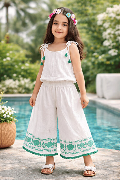 onymino Girl's White and Green Embroidery Detailed Top and Bottom Set - Cotto...