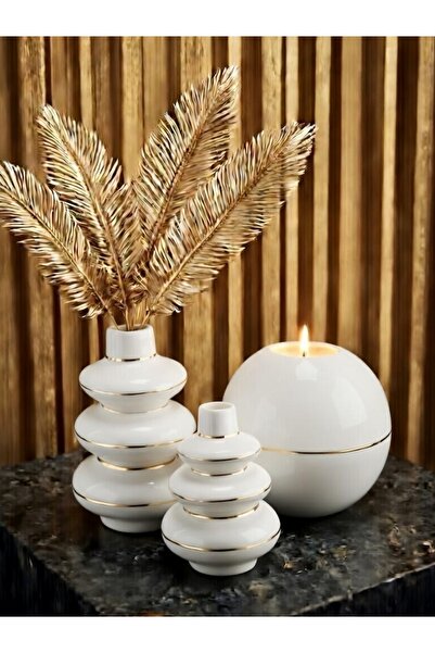 LUNİVAA HOME Gold Çizgili Vazo Mumluk Dekor Set Ev Ofis ve Hediyelik Dekorasy...