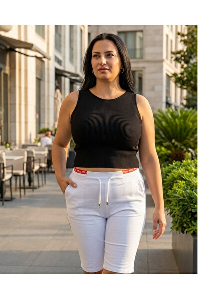 ZANESSI Large Size Elastic High Waist Lace-Up Above Knee Denim Women's Capri