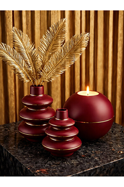 LUNİVAA HOME Gold Çizgili Vazo Mumluk Dekor Set Ev Ofis ve Hediyelik Dekorasy...