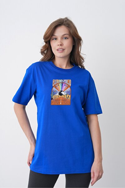 TREND EMMODA Tricou de damă din bumbac albastru Saks, cu tematică cosmică, cu...