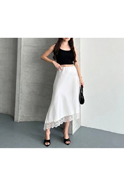 Butik Satin Asymmetrical Skirt with Lace Detail