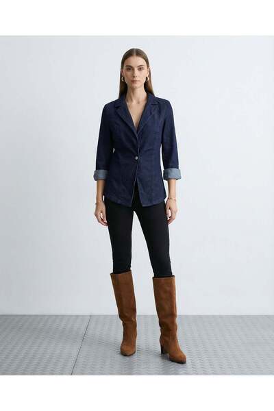 HerTon Lacivert Denim Blazer Ceket Slim Fit Şık Kadın Ceket Tek Düğmeli