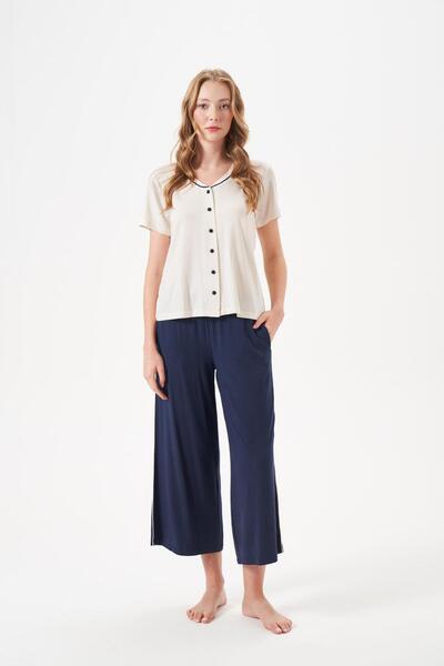 PJS Women's Navy Blue Buttoned Pajama Set 29022