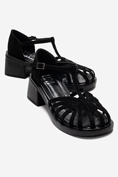 LuviShoes NOLANA Μαύρα σουέτ γυναικεία πέδιλα με χοντρό τακούνι