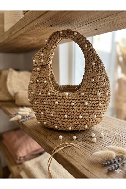 Axesoire NWC-1054 Camel İnci Taşlı Hasır El Çantası 43x30 cm
