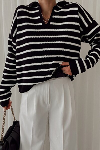 LocaMz Polo Neck Striped Knitwear Sweater Cream
