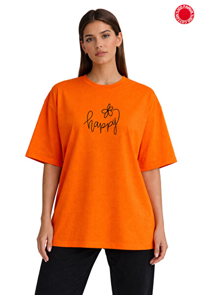 DUBU BUTİK Orange Oversize T-Shirt Unisex 100% Cotton Happy Written Floral Pr...