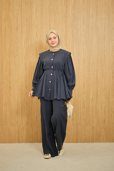 LOCCO Women's Waist Drawstring Gold Button Detail Trouser Suit Navy Blue