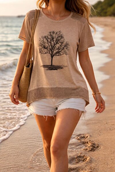 AGORATEKSTİL تي شيرت نسائي من القطن الممشط قابل للغسل بنقشة شجرة وتفاصيل شبكي...