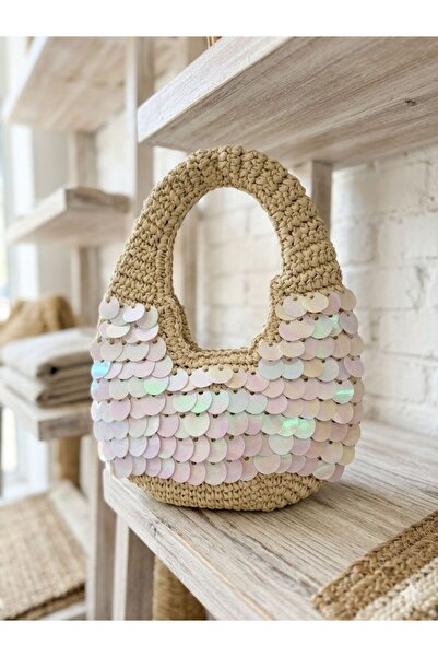 Axesoire NWC-1056 Μπεζ ψάθινη τσάντα με πούλιες 43x30 εκ.